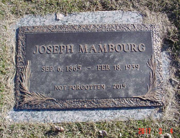 Picture of marker for Joseph Mambourg in Block 27, Crown Hill Cemetery.